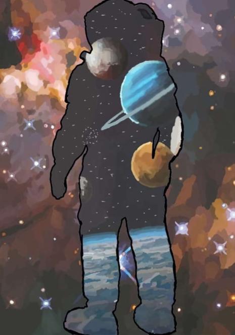 astronaut silhouette with earth and our solar system inside it, and surrounding it is the deep field hubble image to represent there is so much more out there