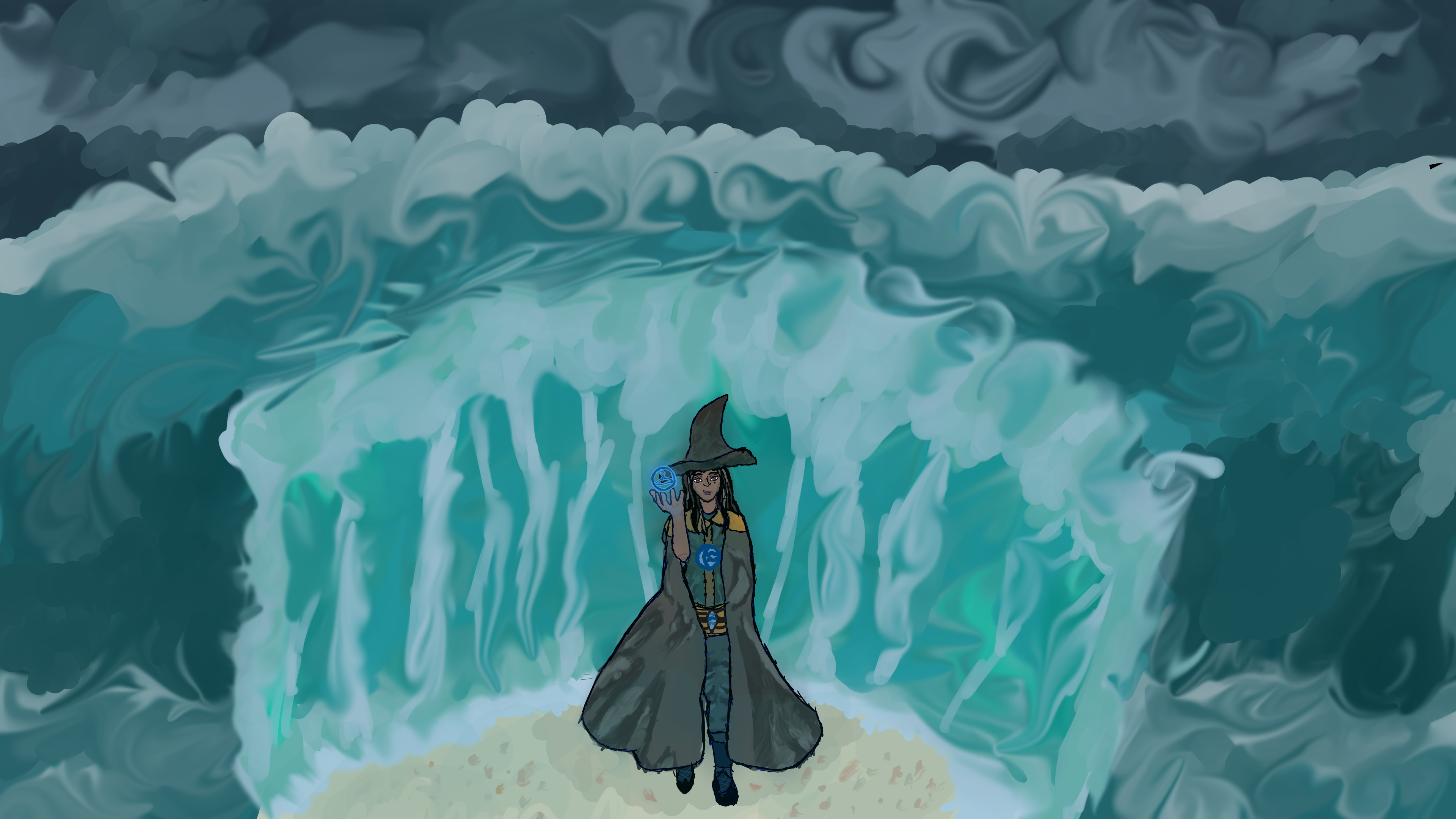 the wizard holds the power of the oceans in her hands with her skills of the magic arts